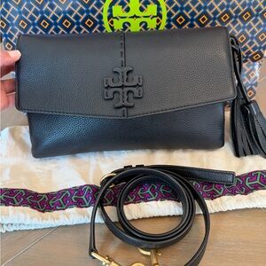 Tory Burch Black Leather Clutch with Tassel